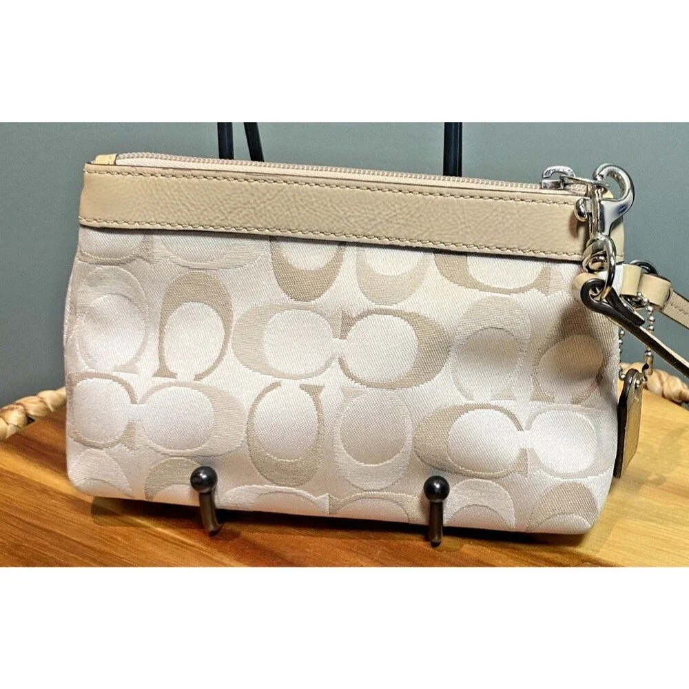 Coach Wristlet F43434 Pleated Sateen Signature C Logo Tan/Beige with Brown liner